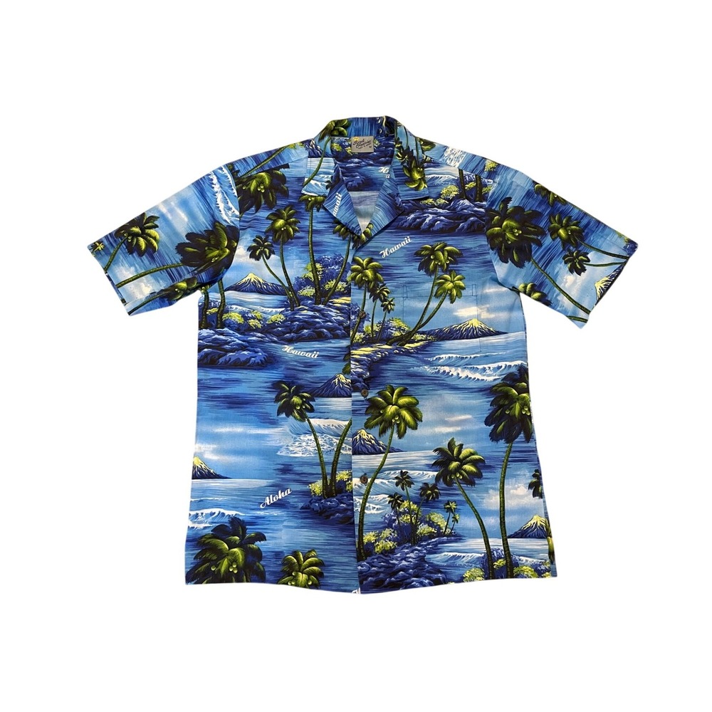 Royal Creations Hawaiian‎ Shirt Size M Blue Palm Tree Aloha Camp Cabana
